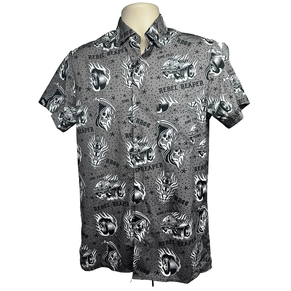 Rebel Reaper All Over Graphic Skulls Gothic Hot Rods Gray Button Up Shirt Medium